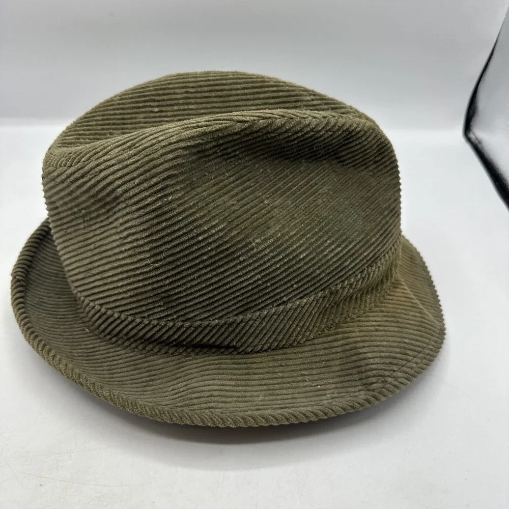 Olive Green Corduroy Fedora Hat Feather Accent Union Made Mens Hat Vintage